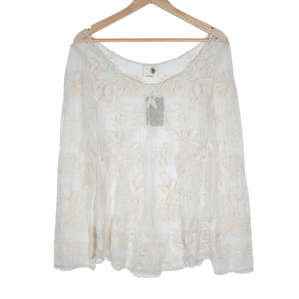 Everleigh Anthropologie Womens Top XS Cream Embroidered Floral Boho Cottagecore